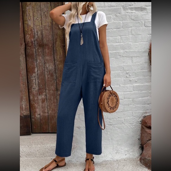 Women's Blue Linen Overalls - Picture 3 of 8